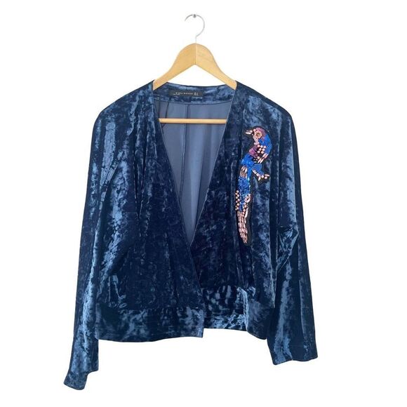 Zara Navy Crushed Velvet Kimono Beaded Peacock Bird Wrap Blouse - Picture 2 of 11